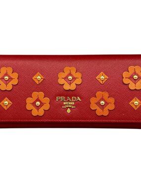 Prada Saffiano Leather Floral Applique Studded Continental Wallet Red